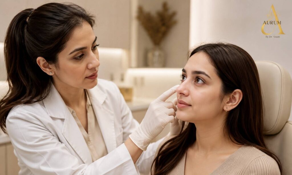Patient consultation for under-eye dark circle treatment at Aurum By Dr Anam